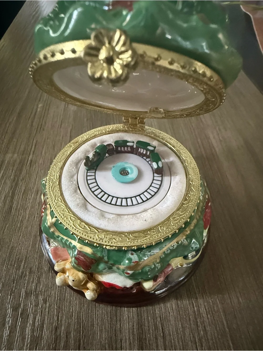 Green Ceramic Christmas Tree Music Box Ornament with Gold Trim